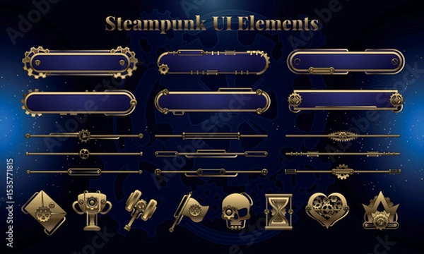 Fototapeta Set of Steampunk Fantasy Elements for user interface, poster, video. Fantasy mechanic HUD. Template for rpg game interface. Vector Illustration EPS10