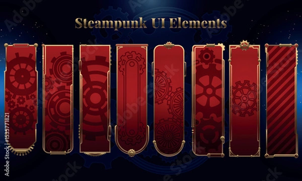 Fototapeta Set of Steampunk Fantasy Banner Backgrounds for user interface, poster, video. Fantasy mechanic HUD. Template for rpg game interface. Vector Illustration EPS10