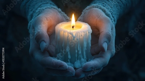 Obraz A majestic form radiating pure white light, hands cupped around a flickering candle held by a solitary figure