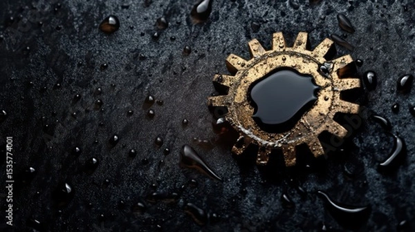 Obraz A minimalist composition featuring a single mechanical gear half-submerged in glistening oil droplets against a dark, textured background