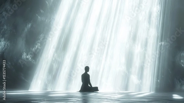 Obraz A serene silhouette bathed in radiant white aura enveloping a kneeling worshiper in gentle rays