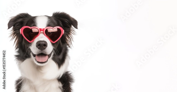 Fototapeta Border collie dog with heart shaped sunglasses, studio portrait empty copy space on side. Generative AI