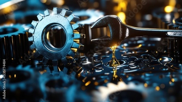 Obraz A service concept banner featuring a wrench icon leaning against a gear silhouette, with a drop of oil splashing onto the gear teeth below