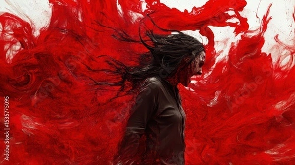 Obraz A solitary figure screaming into a void of swirling red ink, their hair and clothes whipped upward by unseen winds