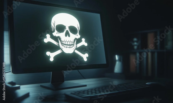 Fototapeta Dark room or office with desk and monitor, screen is showing jolly roger pirate sign. Online piracy, virus or cyber threats concept. Generative AI