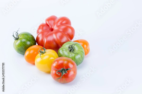 Obraz Different types kinds of tomatoes isolated on white background