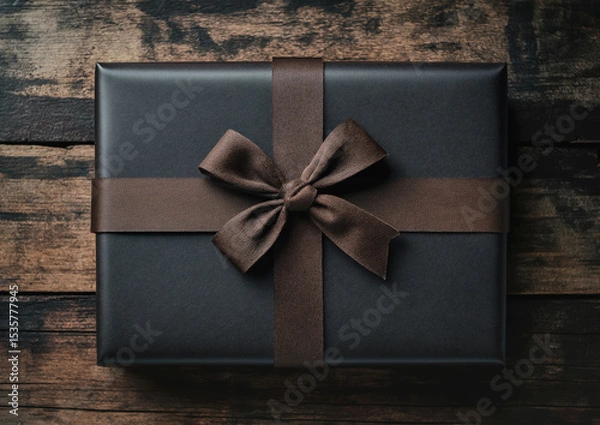 Fototapeta Elegant black wrapped gift box with dark brown bow on a rustic wooden table. Generative AI
