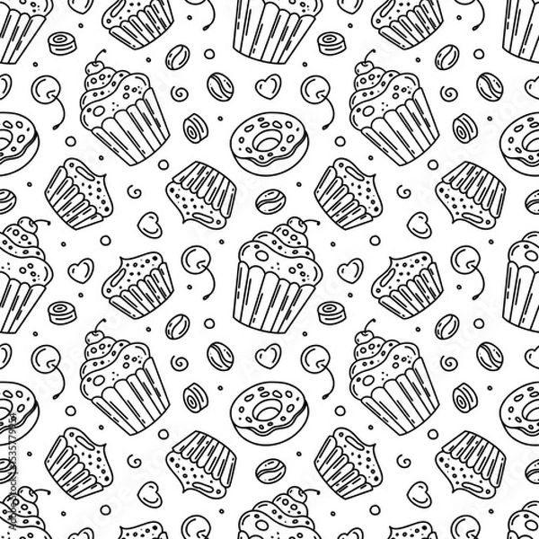 Fototapeta A hand-drawn pattern of sweets, cupcake, cake, a sketch in black ink, a design in the style of sketches, made in the style of doodles.