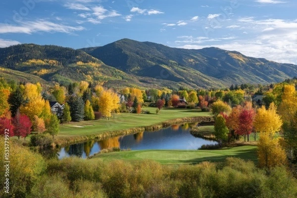Fototapeta Autumn golf course landscape view on white background