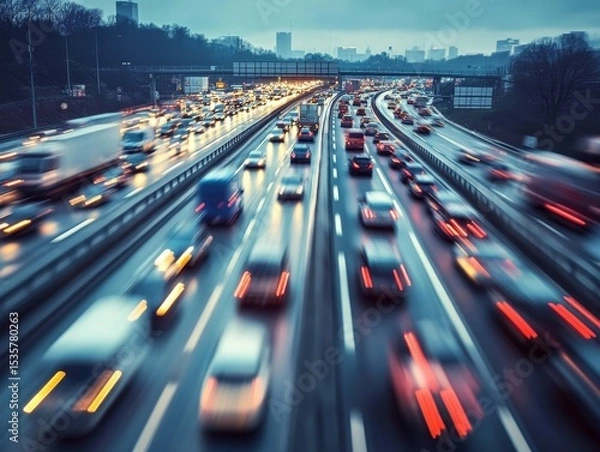 Fototapeta A high-up view shows a busy US highway. Cars and trucks are moving fast. It shows how important highways are for travel.
