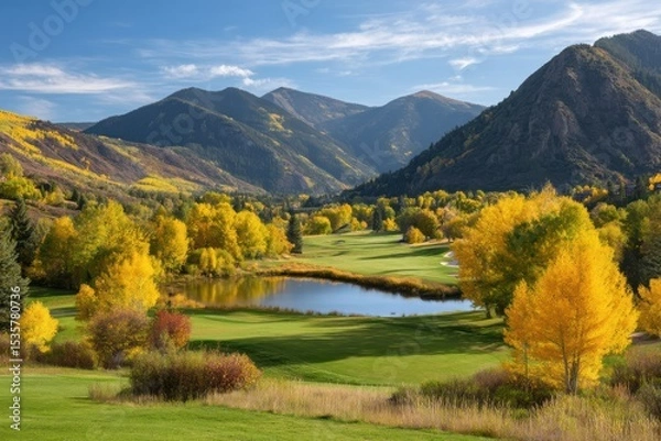 Fototapeta Scenic golf course view in autumn on white background