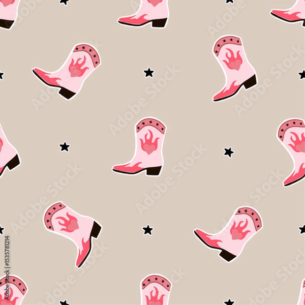 Obraz Seamless pattern with cowboy boots and stars. Cowgirl boots. Western and wild west theme. Party poster, banner or invitation. Hand drawn vector illustration
