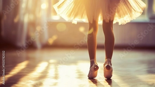 Obraz A ballet dancer in a tutu and ballet shoes is dancing in a studio. The light shines from behind. We see the dancer's back.
