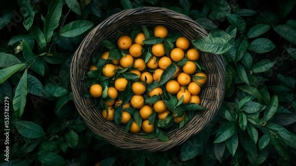 Obraz A basket full of tangerines with green leaves, seen from above.
