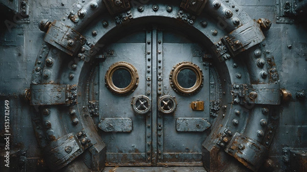 Fototapeta a steel door with portholes and rivets, resembling a submarine or bunker entrance, featuring a rotary valve lock and bulletproof design