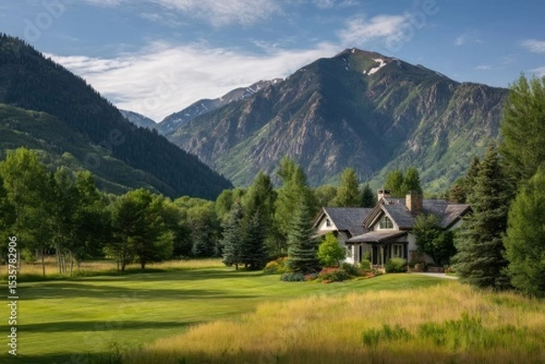 Fototapeta Mountain home landscape scenic view on white background