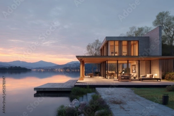 Fototapeta Modern house architecture by lake on white background