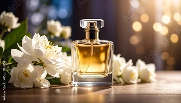 Fototapeta Perfume bottle surrounded by jasmine flowers