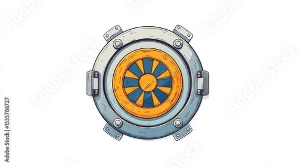 Fototapeta A colorful, stylized porthole design featuring an intricate wheel and metallic frame, perfect for digital art projects.