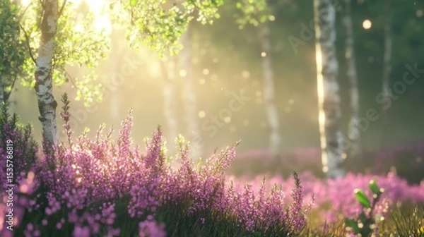 Obraz Nice sunlight on heather flowers near a birch forest after rain in Hulshorsterheide, Netherlands.

