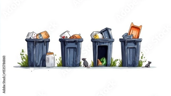 Fototapeta Illustration of overflowing garbage bins highlighting waste management challenges and environmental concerns.