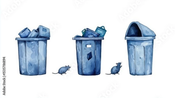 Fototapeta Illustration of trash cans with mice, highlighting waste management and urban wildlife in an environmental context.