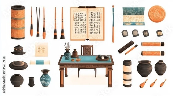 Fototapeta A beautifully arranged traditional writing desk with tools, calligraphy, and decorative items showcasing Asian culture.