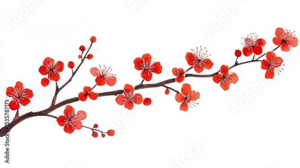 Fototapeta A vibrant illustration of a red cherry blossom branch, symbolizing spring and beauty in nature.