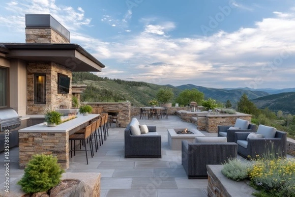 Fototapeta Luxury patio with mountain view on white background