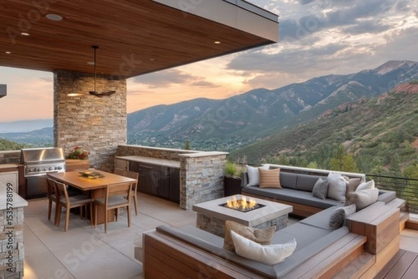 Fototapeta Modern patio with mountain view on white background