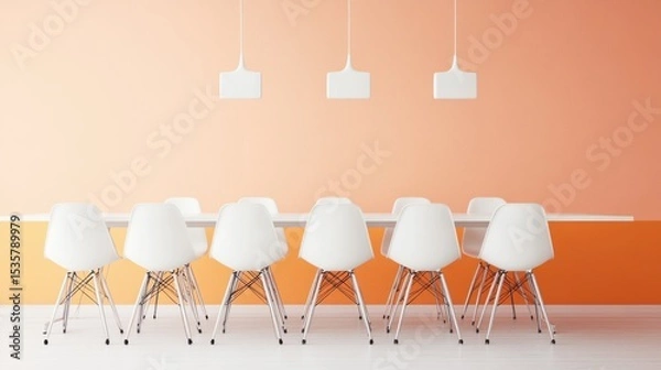 Fototapeta White chairs around a long white table in a room with peach and orange walls.
