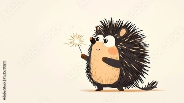 Obraz A cute cartoon hedgehog holding a sparkler, showcasing whimsy and joy in a playful illustration.