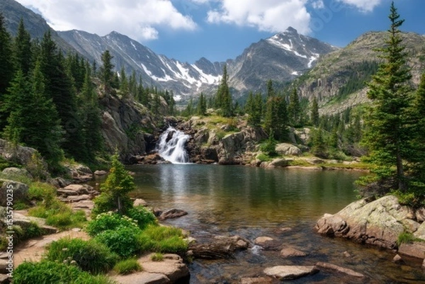 Fototapeta Mountain lake with waterfall scenery on white background