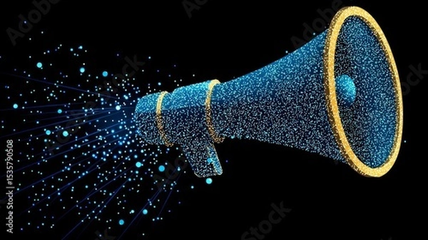 Obraz A vibrant digital megaphone dispersing colorful particles, symbolizing communication and broadcasting.
