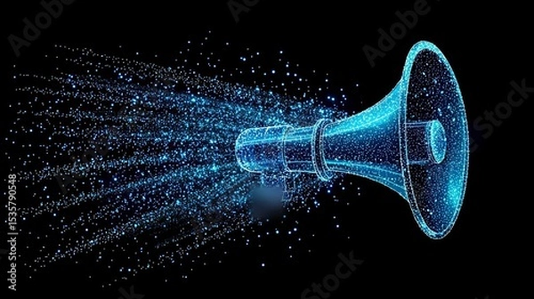 Obraz A futuristic digital megaphone emitting particles, symbolizing communication and modern technology.