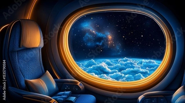 Obraz A captivating view from an airplane window showcasing clouds and a starlit sky, inviting adventure and exploration.