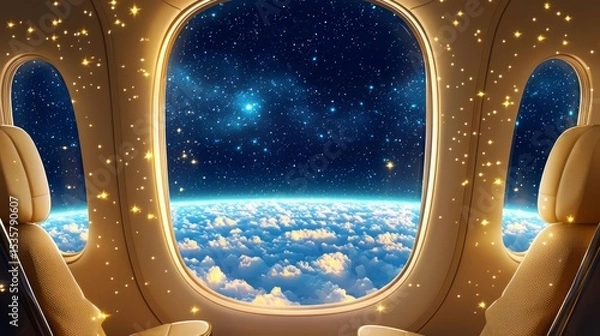 Obraz A stunning view of Earth from an airplane window, showcasing clouds and a starry sky, perfect for travel themes.