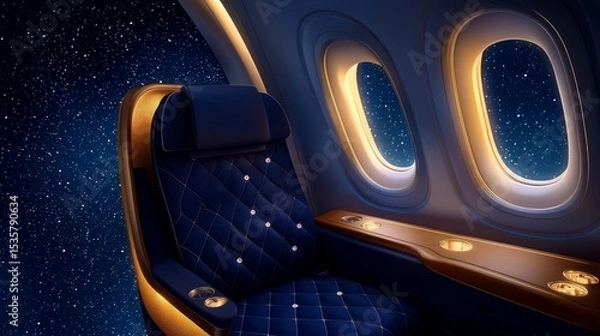 Obraz Empty airplane seat by window showing night sky filled with stars, emphasizing comfort and travel experience.