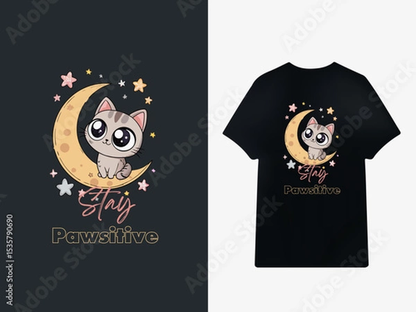 Obraz Cute Cartoon Cat T-Shirt Design – Playful Vector Illustration for Apparel and Merchandise