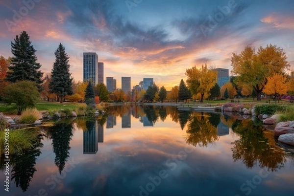 Fototapeta City skyline reflected in lake on white background