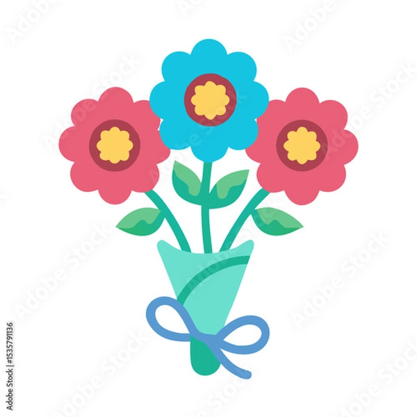 Fototapeta A bouquet of three colorful flowers tied with a simple blue ribbon colorful vector icon