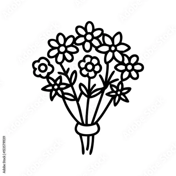 Fototapeta Delicate bouquet of wildflowers in black and white line drawing style colorful vector icon