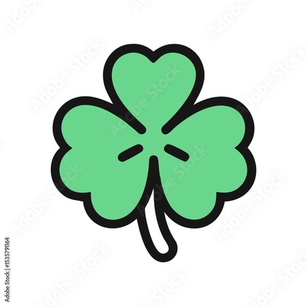 Fototapeta Cartoon Clover with Black Outline and Green Fill, a symbol of Ireland colorful vector icon