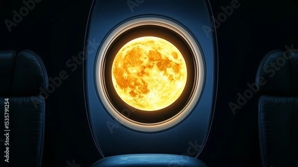 Obraz A stunning view of a bright full moon from an airplane window, showcasing a surreal cosmic experience.