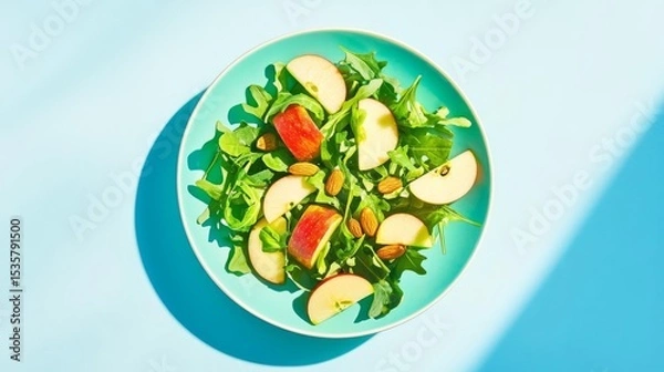 Obraz Fresh salad with apple slices, mixed greens, and nuts on a vibrant blue background, perfect for healthy eating.