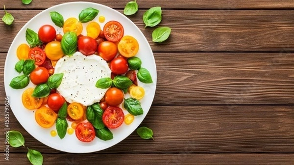 Obraz Vibrant salad with assorted tomatoes and fresh basil, served on a wooden table.