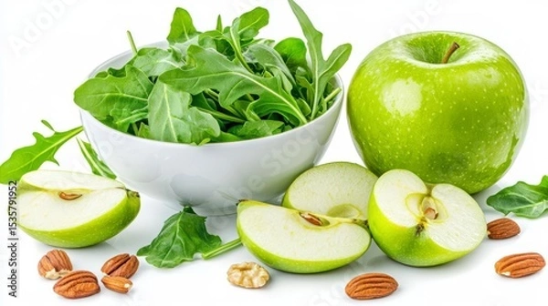 Obraz Fresh and vibrant green apples with arugula and nuts, perfect for healthy recipes and nutritious meals.