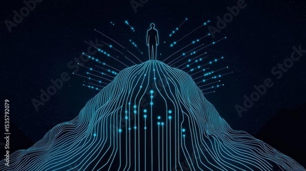 Obraz A digital representation of a person standing on a mountain of data, symbolizing technology and innovation.