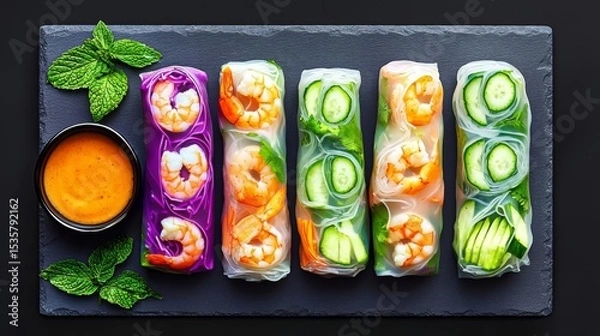 Obraz Fresh and colorful spring rolls with shrimp and vegetables served with a vibrant dipping sauce.