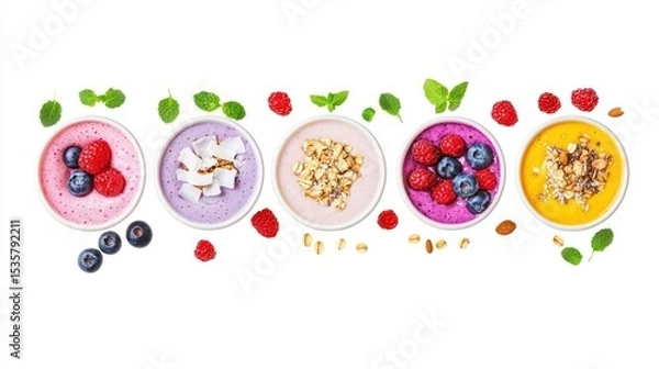 Obraz Colorful bowls of smoothie topped with fresh berries, nuts, and mint leaves, perfect for healthy living.